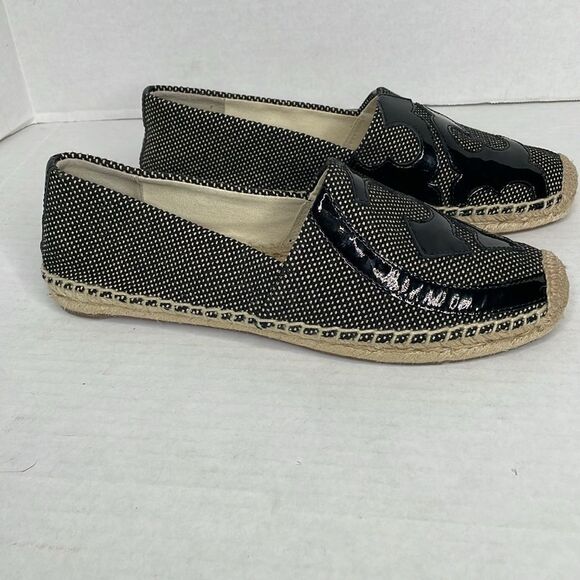 Tory Burch Lonnie Black leather and woven canvas Espadrille Flats - Picture 4 of 11